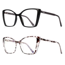 JFXQDR 2 Pack Women's Oversized Blue Light Blocking Glasses, Trendy Cat Eye Computer Gaming Eyeglasses Anti Eyestrain & UV Glare RF6204 (Black + Leopard Cateye Frame)