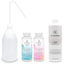 EKWB EK-CryoFuel Loop Cleaner Concentrate, Superflush Concentrate, Clear Premix Coolant (1L), and Filling Bottle Bundle