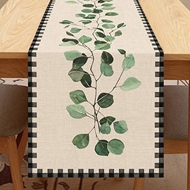 Seliem Summer Black White Buffalo Plaid Check Eucalyptus Leaf Greenery Table Runner, Green Plant Home Kitchen Botanical Dining Decor Spring Seasonal Farmhouse Decoration Anniversary Party Supply 13x72