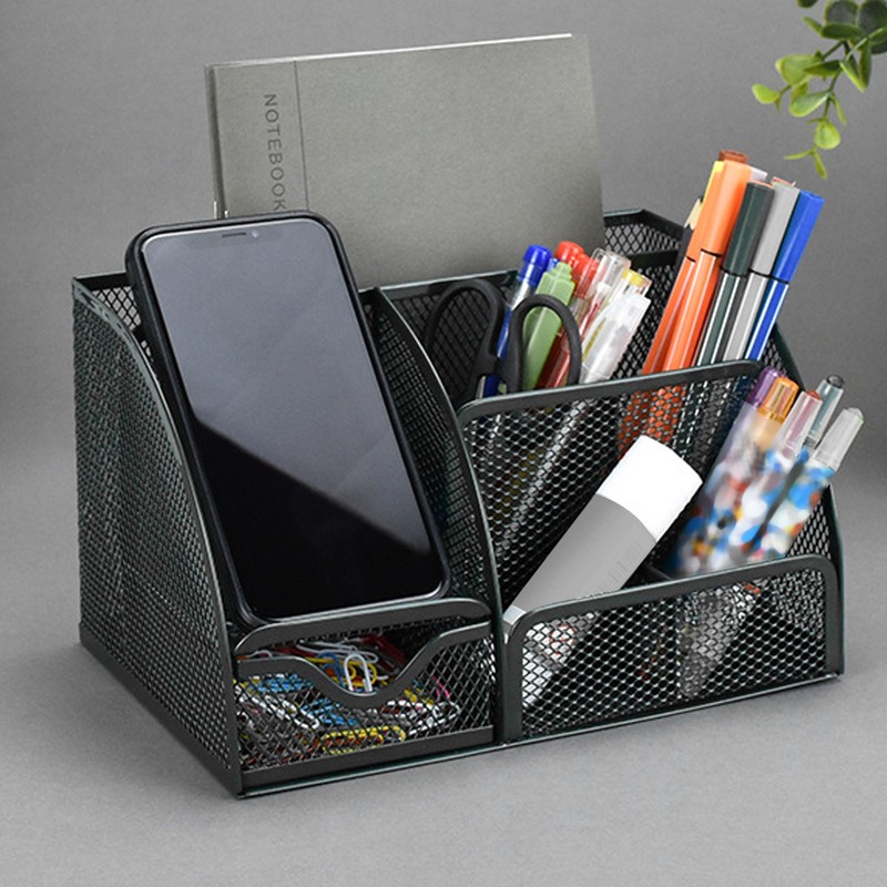 Mesh Office Desktop Organizer Multifunctional Metal 7 Compartments Pen Holder