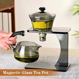Lazy Kung Fu Glass Magnetic Tea Set, Semi Automatic Drip TeaPot, Heat Resistant Glass Magic Teapot Set, Suitable for home/office Reception Tea Set, Perfect for Holiday Gifts