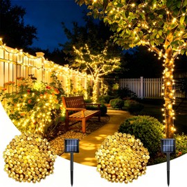 2 Pack 77FT Solar String Lights Outdoor, 200 LED Solar Powered Oudoor Waterproof, Twinkle Tree Lights with 8 Modes, Solar Fairy String Lights for Outside, Patio, Garden, Xmas.(Warm White)