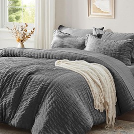 Luofanfei Seersucker Bed Linen 135 x 200 cm Grey Dark Grey Summer Plain Striped Summer Bed Linen Microfibre Breathable Lightweight Geometric Pattern Duvet Cover Single Bed and Pillowcase 80 x 80 cm