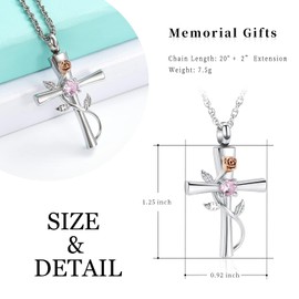 Cross Urn Necklace for Ashes Birthstone Rose Flower Cremation Jewelry for Women Gilrs Keepsake Memorial Ashes Pendant