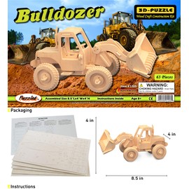 Puzzled 3D Puzzle Bulldozer Wood Craft Construction Model Kit, Fun Unique & Educational DIY Wooden Toy Assemble Model Unfinished Crafting Hobby Puzzle to Build & Paint for Decoration 63 Pieces Pack