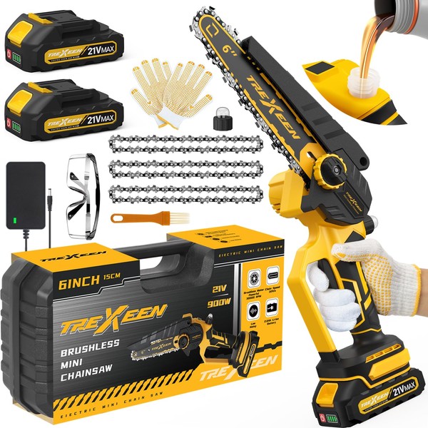 Mini Chainsaw, 6-Inch Electric Chainsaw Cordless, Upgraded 900W Brushless Portable