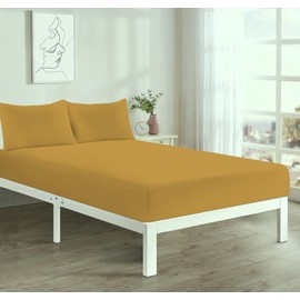 Comfort Collections Fitted Bed Sheet With FREE MATCHING 2 X PILLOW CASES Poly Cotton Percale Easy Care Plain Dyed Bed Sheet Mustard Small Double 4FT