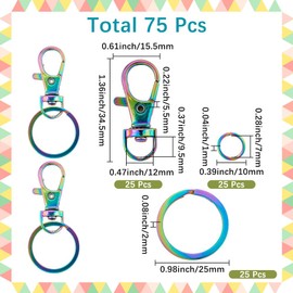 SUNNYCLUE 1 Box 75Pcs 25 Sets Swivel Clasp Hooks Rainbow Keychain Bulk Metal Jump Rings Stainless Steels Key Rings Lobster Clasps Hook Keyring for Crafts Party Wedding Favor Cars Home Doors Supplies