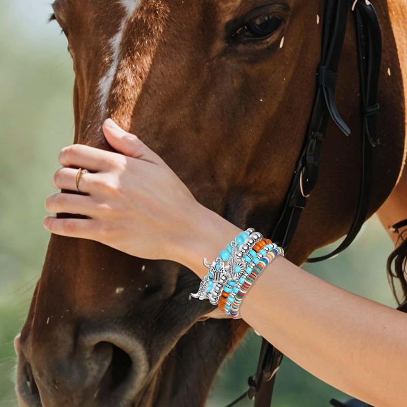 5PCS Cowgirl Bracelets for Women Boho Beaded Stretch Turquoise Bracelet