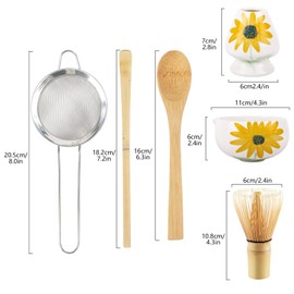 6 Piece Sunflower Matcha Set–Matcha Kit with Ceramic Bowl, Matcha Whisk Holder, Whisk, Spoon, Scoop & Sifter–Matcha Gift for Beginners & Experts