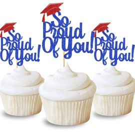DOMOO OF DREAMS So Proud Of You Cupcake Toppers Graduation Decoration Food Picks Congrats Grad Party Supplies Blue Red