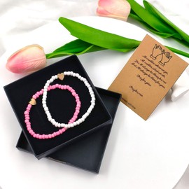 Friendship Couple Bead Bracelets, 2Pcs Pink + White Bead Stretch Bracelet for Women Men Boho Jewelry Gifts for Best Friends Graduation Birthday Anniversary Valentine's Day Gifts