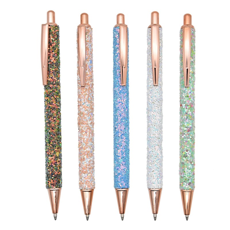 Gullor 5PCS Ballpoint Pens, Glitter Click Ball Pens, Black Ink