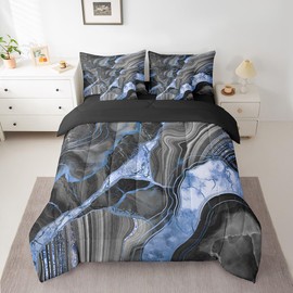 Erosebridal Black Gray Marble 7 Pcs Comforter Set King, Blue Marbling Crack Print Bedding for Adults, Abstract Metallic Texture Sheet Set Bed in A Bag, Grey Boho Hippie Fluid Reversible Black Quilt