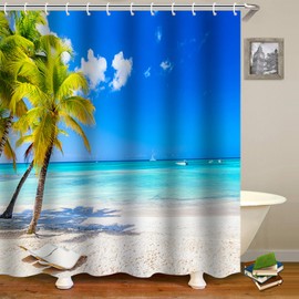 FAIRYGATE Blue Shower Curtain Summer Beach Coconut Palm Tree Shower Curtains Tropical Island Blue Sky Limpid Water Ocean Shower Curtain for Bathroom B8813