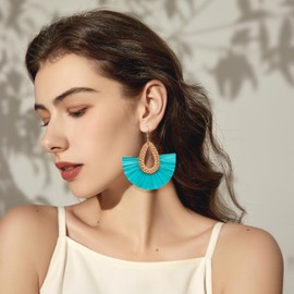 Statement Raffia Tassel Earrings Boho Summer Beach Earrings Lightweight Straw Wicker Dangle Drop Earrings Trendy Bohemian Rattan Fringe Earrings Jewelry for Women, Turquoise