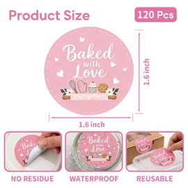 Baked with Love Stickers 120PCS 1.6 Inch Round Baking Labels for Cookies Cupcakes Dessert Table Treat Bags Gift Wrapping Birthday Party Candy Bags Homemade Packaging Small Business (Pink)