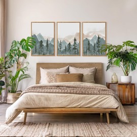 CHDITB Mountain Framed Wall Art Set Of 3,Mountains Woodland Artwork Foggy Forest Wall Decor, Pine Trees Wall Painting,Watercolor Nature Art Prints For Bedroom Living Room Decor(12X16 Inch)