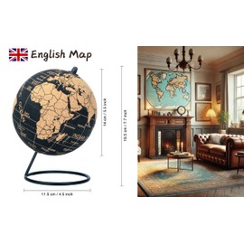 Exerz Cork Globe 14cm Pinnable, English Map, Pins Included, Natural Cork Black