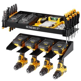 SUMERUZ Power Tool Organizer Holder - Wall Mount Heavy Duty Utility Storage Rack, Drill Rack with Tool Shelf and Side Racks,for Power Tools, Drill Bits, Pliers, Screwdrivers in Garage, Workshop, Shed
