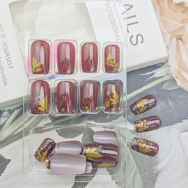 24Pcs Thanksgiving Press on Nails Short Square Fake Nails Fallen Maple Leaf Gold Glitter Full Cover Artificial Acrylic Brown Stick on Nails Autumn False Nails for Women Holiday Manicure Salon