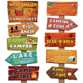 Hooqict 20 Pieces Camping Themed Party Decorations Camping Party Directional Signs for Summer Camp Decor Welcome to Camp Birthday Party Supplies Classroom Wall Door Porch Yard Sign