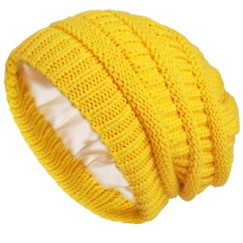 Winter Knit Beanie for Women Satin Lined Cable Thick Chunky Cap Mens Soft Slouchy Warm Hat Yellow