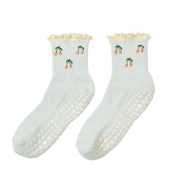 Shapes Studio Crew Half Calf Grip Socks, Cutest Fruits Pilates Socks, Ruffle socks, Non-Slip, Barre Yoga Fitness (US, Numeric, 5, 10, Regular, Regular, Cherry Blue, Effortless Club)