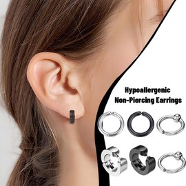 COYUN 3 Pairs of Fake Hoop Earrings without Pierced Nose Lip Fake Earrings Stainless Steel Magnetic Fake Earrings without Pierced Men Women Ear Clips Black/Silver
