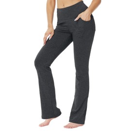 Keolorn Women's Bootcut Yoga Pants with Pockets High Waist Bootleg Yoga Workout Pants for Women(Dark BlackGrey,X-Large)