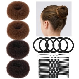 Teenitor Small Donut Hair Bun Maker Set - 2 Dark Brown 2 Light Brown Small Size Hair Bun Maker, Hair Donuts for Buns Kids, 5 Elastic Bands, 20 Hair Pins, Bun Maker For Kids