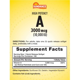 Sundance High Potency Vitamin A Softgels | 3000mcg | 100 Count | Essential Vitamin | Non-GMO and Gluten Free Supplement