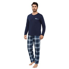 Irdcomps Men's Long Pyjamas Cotton Two-Piece Sleepwear Set Men Winter Crew Neck with Chest Pocket, navy blue, XXL