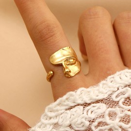 Jugielu Vintage Abstract Human Face Rings Unique Mask Half Face Band Rings Open Adjustable Sculpture Statement Ring Gold Geometric Knuckle Jewelry for Women