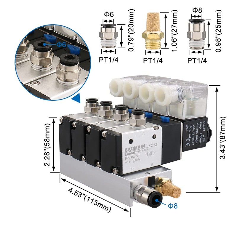 Baomain 4 Space Pneumatic Solenoid Valve 3V210-08 12VDC PT1/4 2