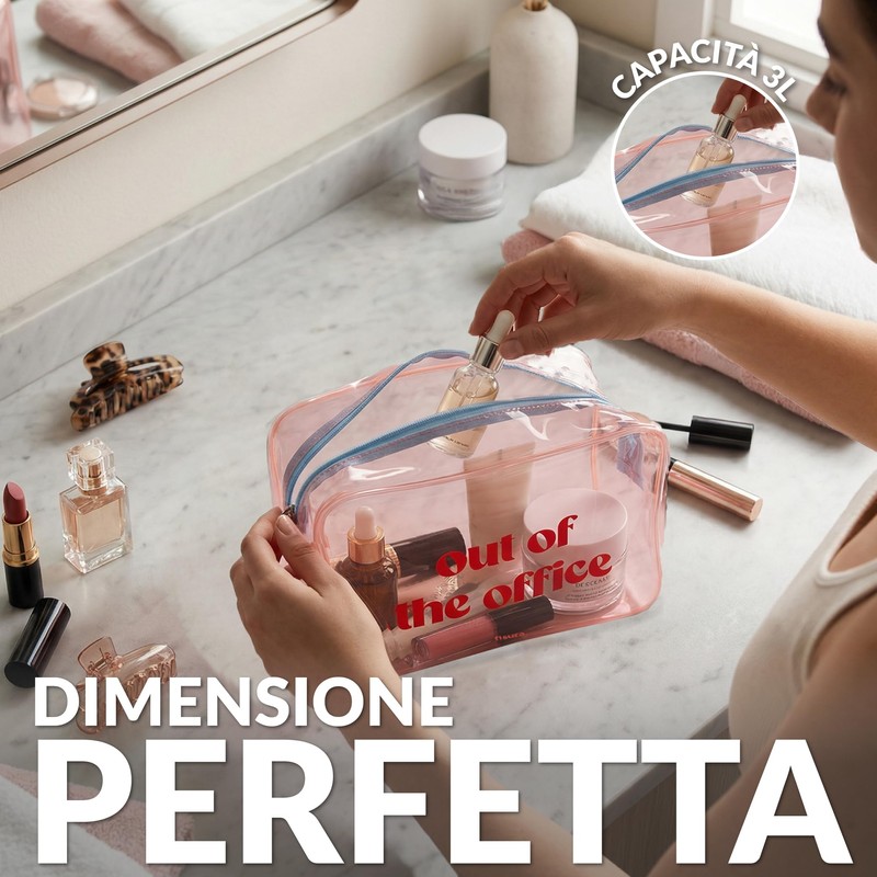 Fisura – Beauty case trasparente "out of the Office" rosa.