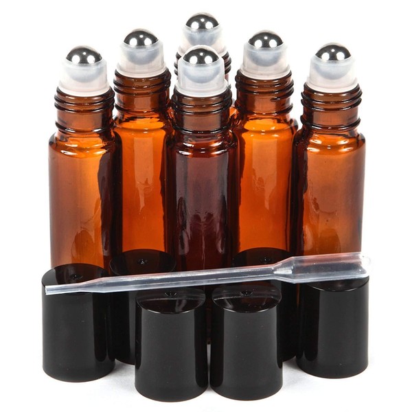 6 Pk, Amber, 10 ml Glass Roll-on Bottles , Stainless Steel Roller + 1 Dropper