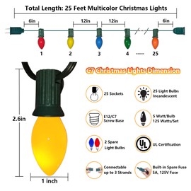 25Ft Christmas Lights Outdoor, C7 Multicolor Christmas String Lights 25 Ceramic Colorful Lights, Outdoor Vintage Christmas Lights for Patio Holiday Party Roofline Christmas Easter Decorations