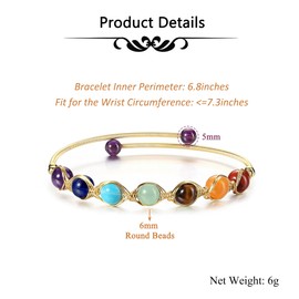 CrystalTears Chakra Bracelet, 14K Gold Wire Bangle with 7 Chakra Healing Stones, Yoga, Meditation, Energy Therapy Bracelet, Crystal