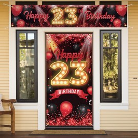 Happy 23rd Birthday Door Cover Porch Banner Sign Set - 23 Years Old Birthday Decoraions Party Supplies for Women Men - Red