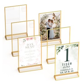 Gold Double Sided Photo Frame - 6 Pack - A6 Acrylic Gold Place Card Holder, Easel Style Stand, Gold Frame for Wedding Table Numbers, Menu Holder, Photo Frame (A6)