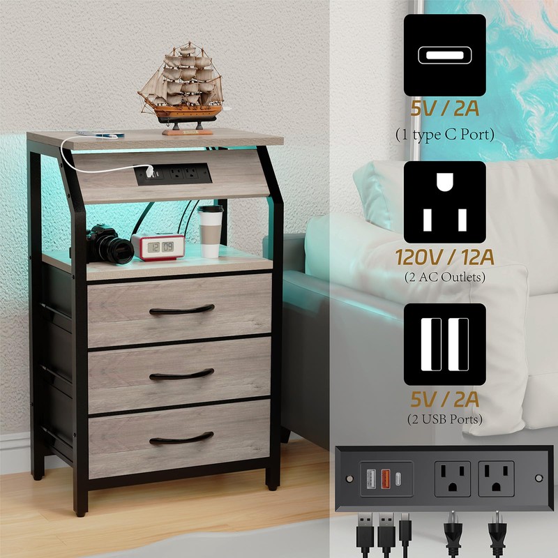 End Table with 3 Drawers, Night Stand with Charger Station