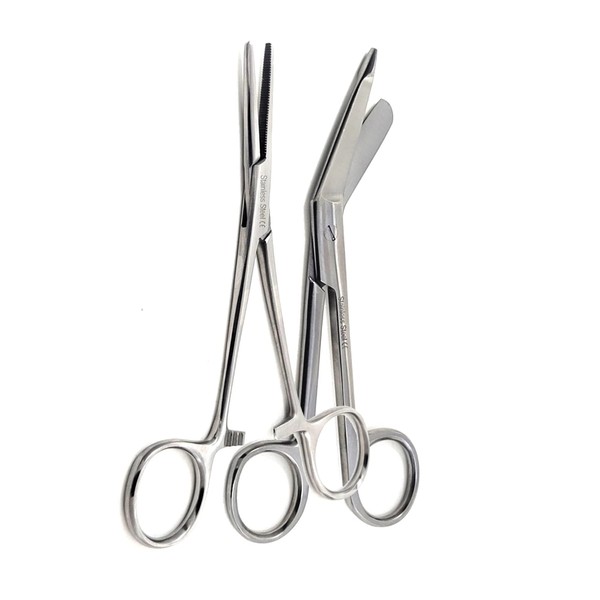 Set of 2 Pieces Bandage Scissors and Hemostat 5.5" Made of Premium Quality Stainless Steel Scissors