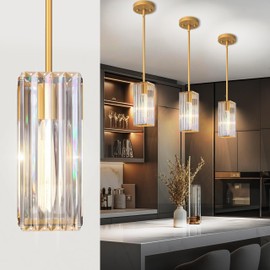 GOOUQA Crystal Pendant Lights for Kitchen Island - 10" Gold Adjustable Chandelier, Dimmable E26 Hanging Fixture, Modern Lighting for Dining Bar