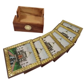 Purpledip Pinewood Gemstone Coasters (Set of 6): Taj Mahal (10716A)