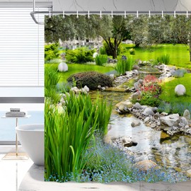 70x70 in Garden Landscape Shower Curtain Spring Summer Nature Plants Multicolour Flower Greenery Country Landscape Rustic Flower Bathroom Decor Polyester Waterproof with Hooks
