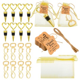 Tanlade 60 Pcs Wedding Party Favors for Guests Wine Stopper and Opener Love Set Love Forever Bridal Shower Favors with 100 Tags 60 Mesh Bags for Wedding Party Souvenir Decorations Supplies (Gold)