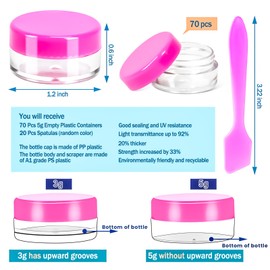 MotBach 70 Pcs 5g Empty Plastic Containers with Pink Lids,Mini Makeup Sample Containers, Small Sample Pot Jars Round Cosmetic Jars with 20Pcs Mini Spatulas for Liquid Sample Powder Creams Lotions