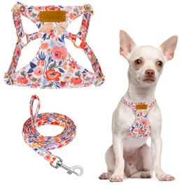 SlowTon Puppy Harness and Leash Set, No Pull Adjustable Lightweight Soft Suede Pet Harness Vest with Snap Buckle for Puppy Small and Medium Sized Dog(Floral,XXS)