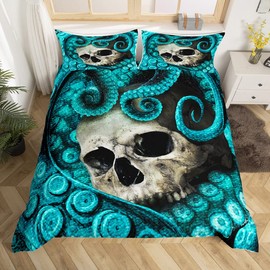 Feelyou Skull Duvet Cover Set Twin Size for Adults Boys 3D Print Octopus Bedding Set Blue Decorative Horror Microfiber Polyester Comforter Cover with 1 Pillow Shams, Zipper, Marine Life, 2 Pieces